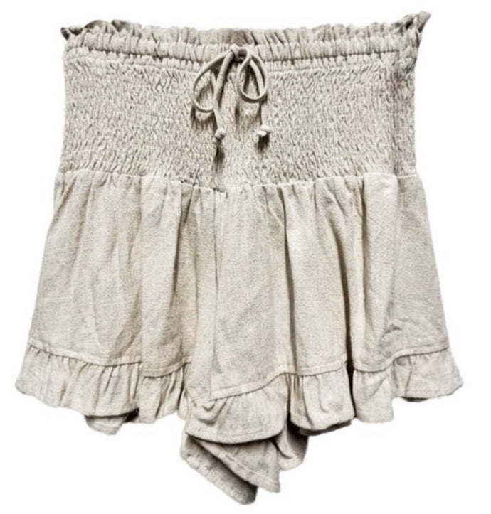 Smocked Waist Ruffled Linen Shorts